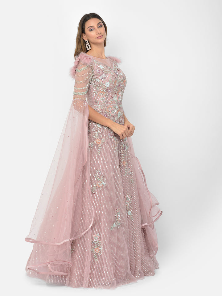 Neerus Pink net embellished gown - back view