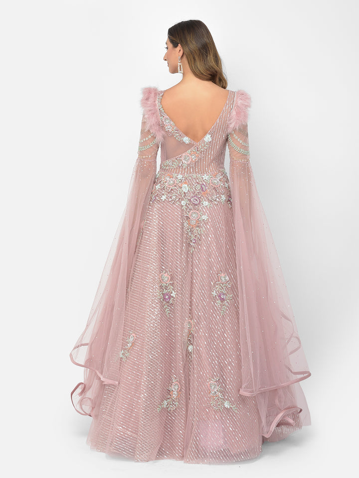 Neerus Pink net embellished gown - side view