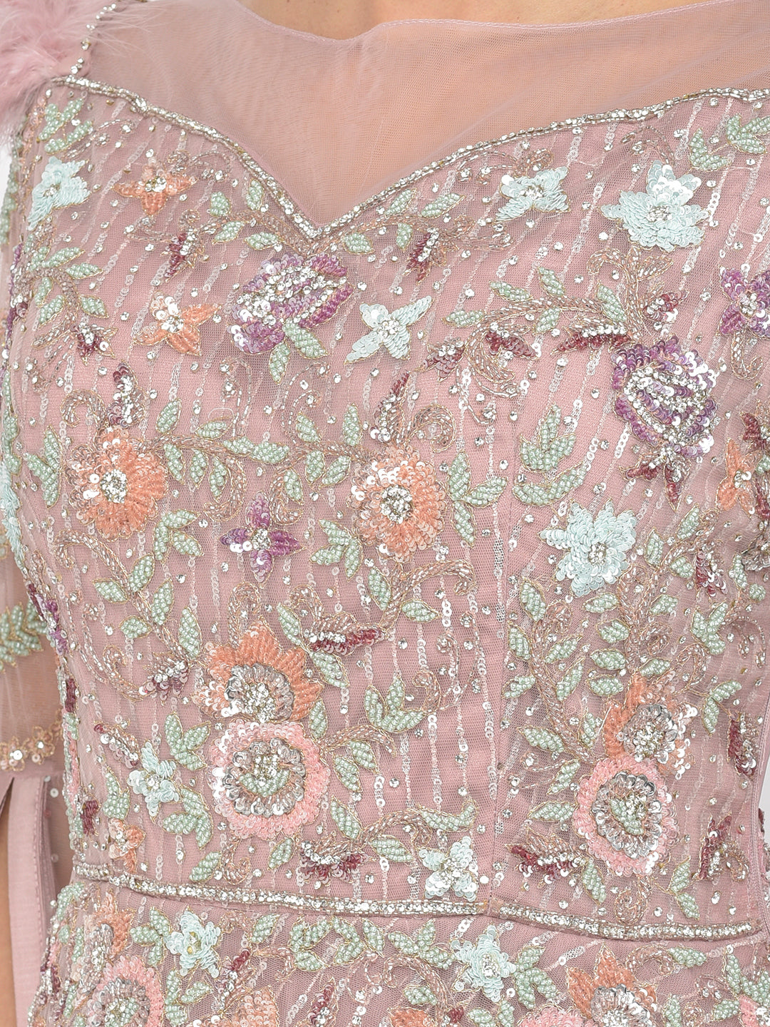 Neerus Pink net embellished gown - detail view 1