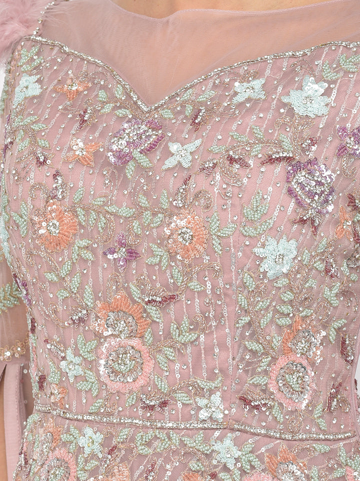 Neerus Pink net embellished gown - detail view 1