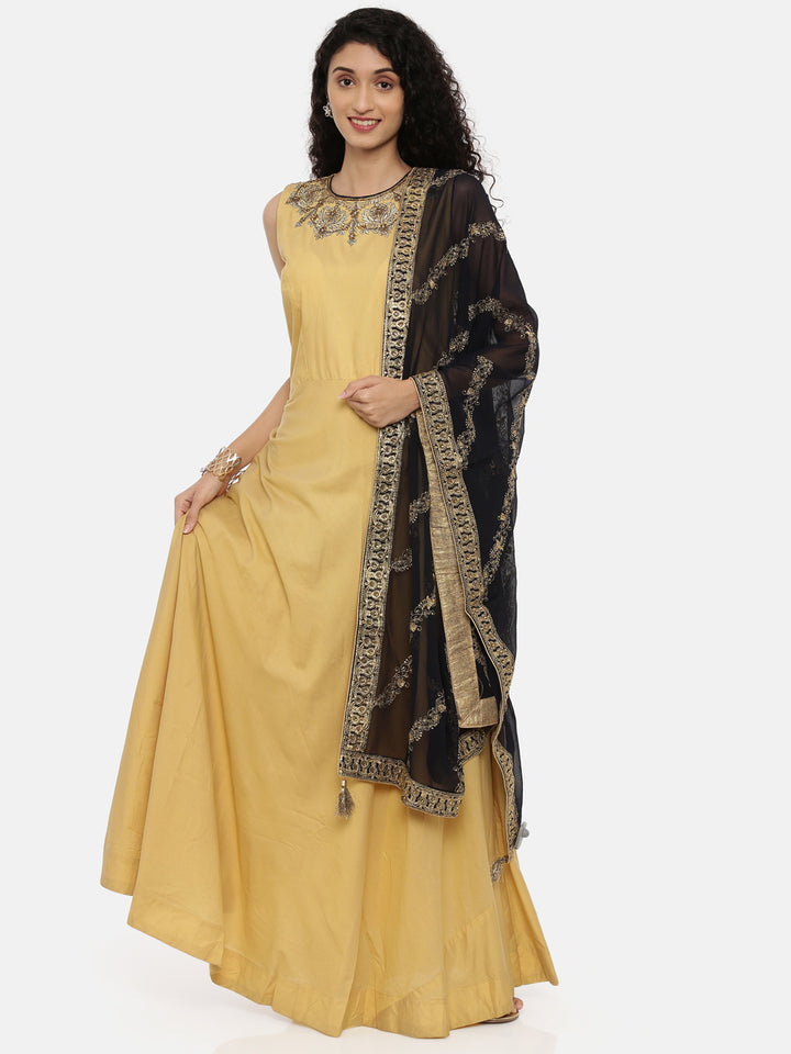 Neerus Beige Embroidered Kurta With Churidar & Dupatta