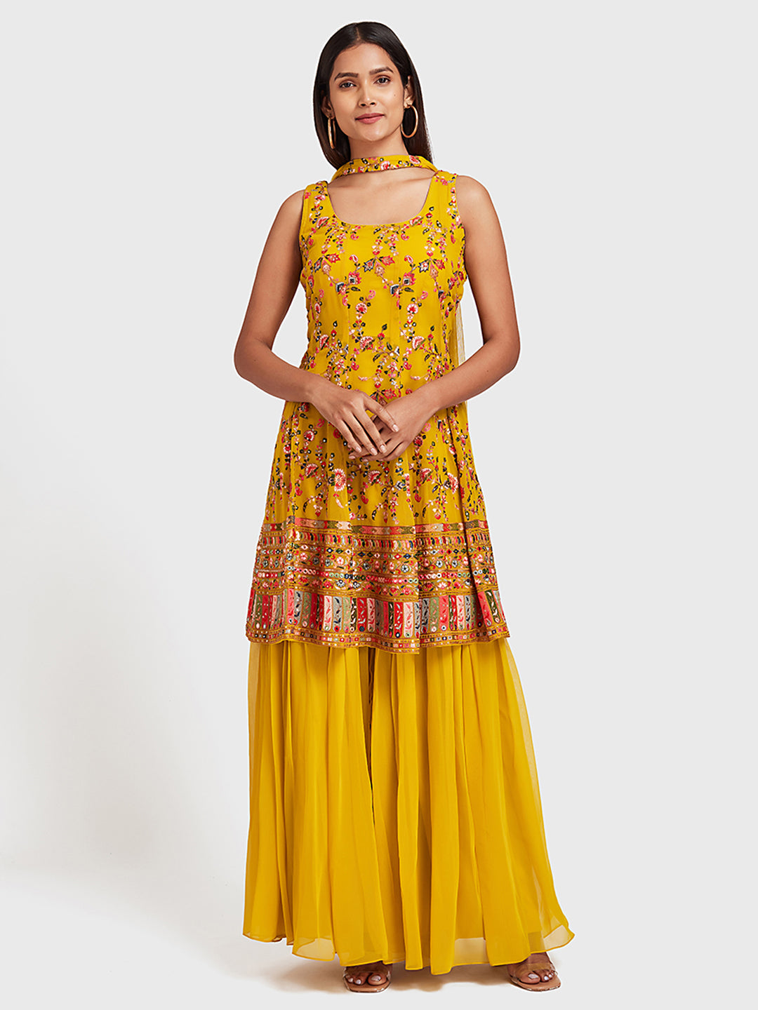 Neerus Yellow Embellished Kurta With Sharara & Dupatta