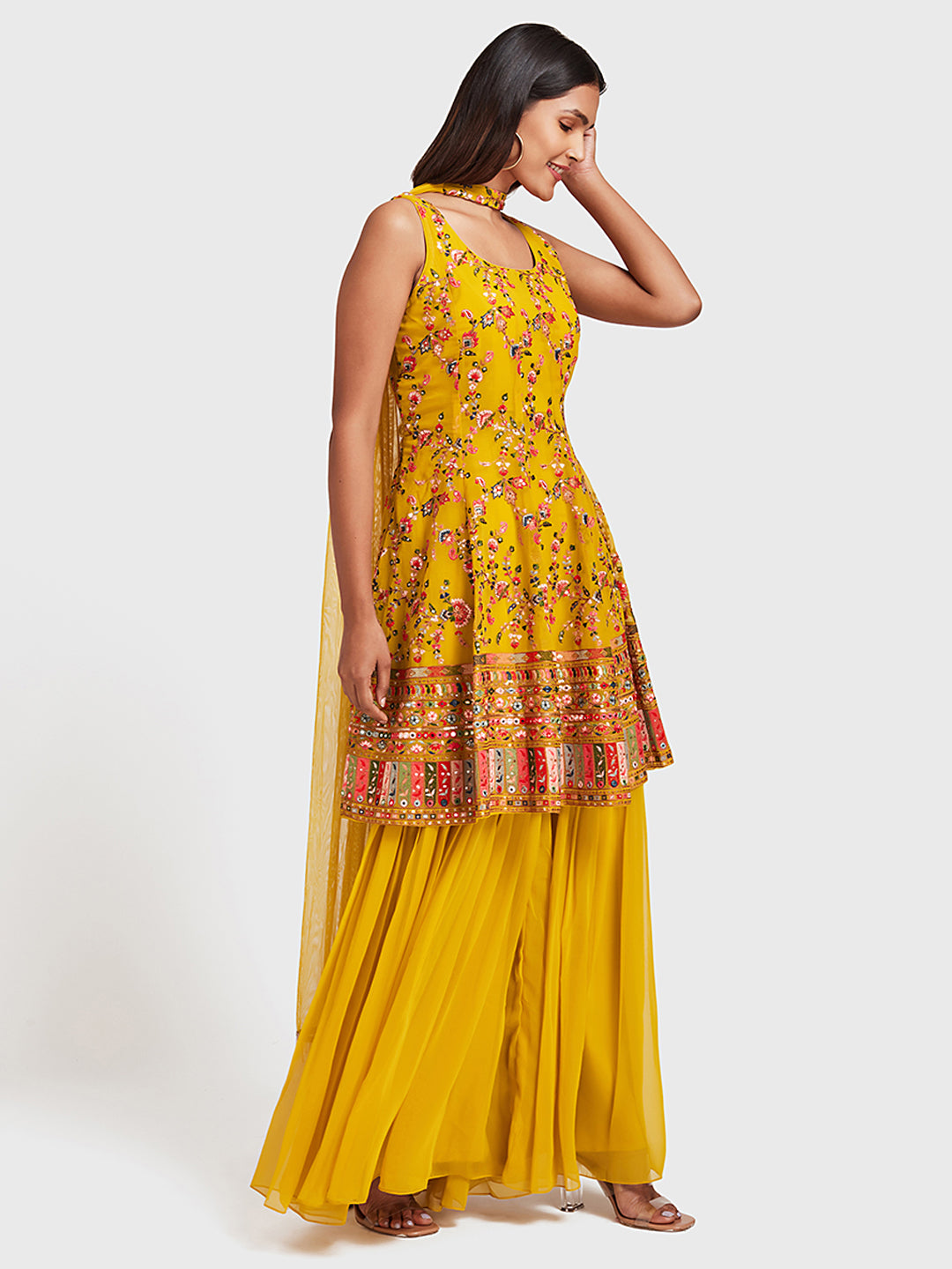 Neerus Yellow Embellished Kurta With Sharara & Dupatta