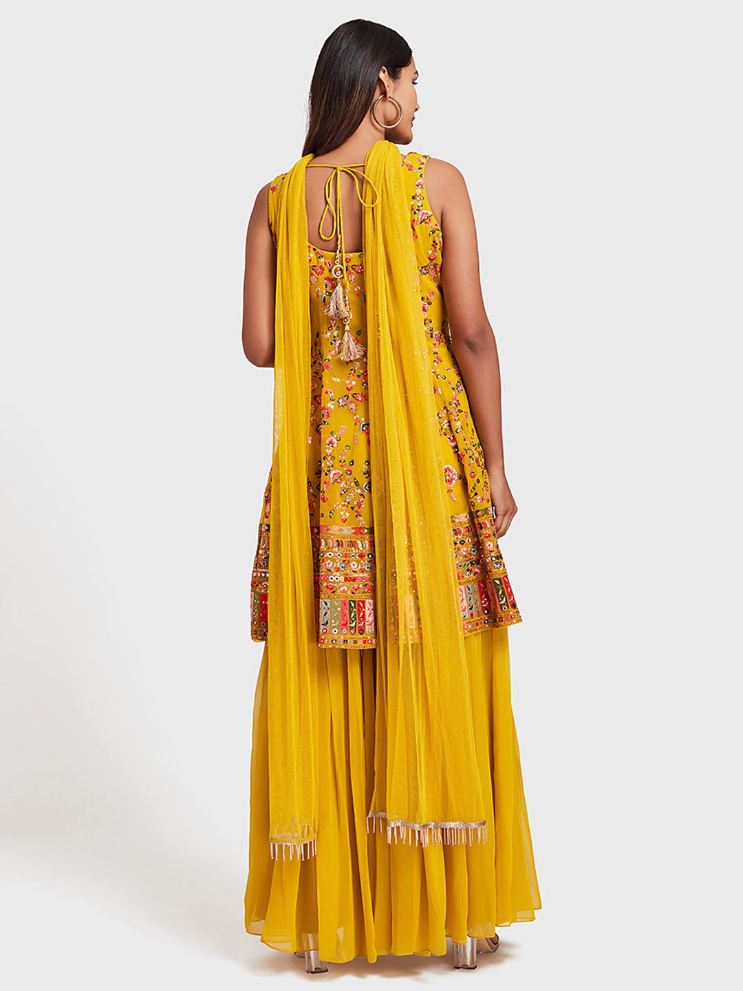 Neerus Yellow Embellished Kurta With Sharara & Dupatta