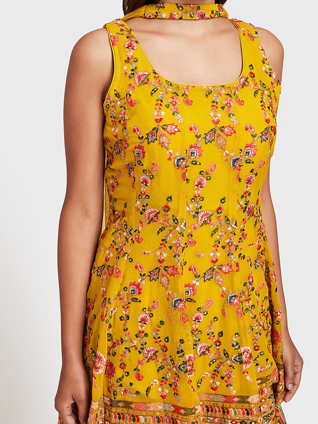 Neerus Yellow Embellished Kurta With Sharara & Dupatta