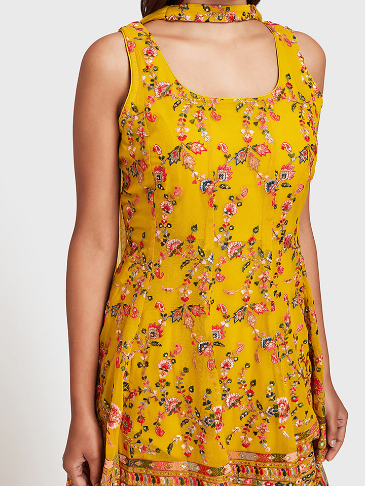 Neerus Yellow Embellished Kurta With Sharara & Dupatta