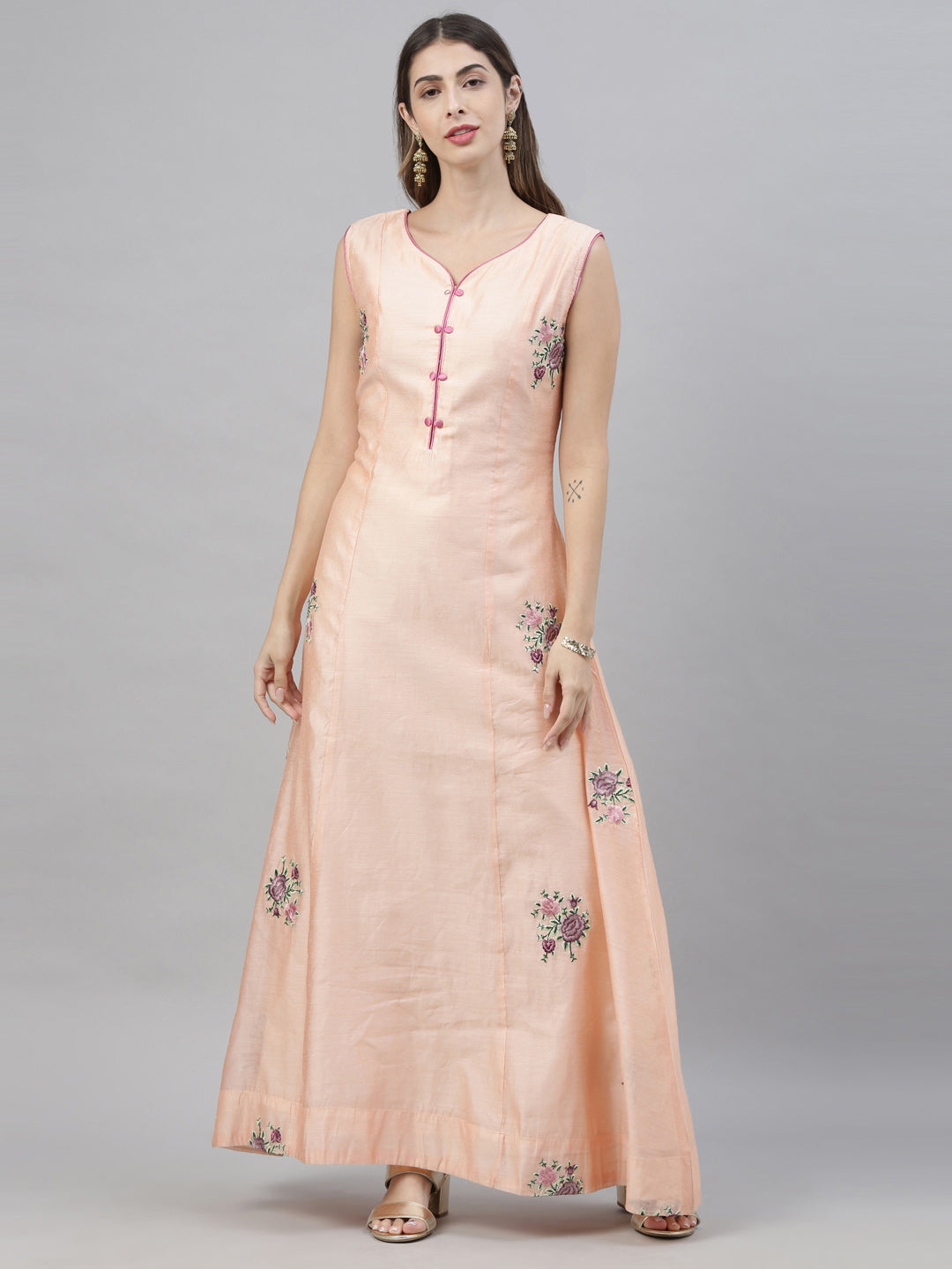 Neeru's Peach Embroidered Anarkali Kurta