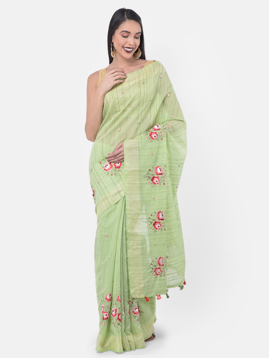 Neerus Green embroidered saree with blouse piece - front view