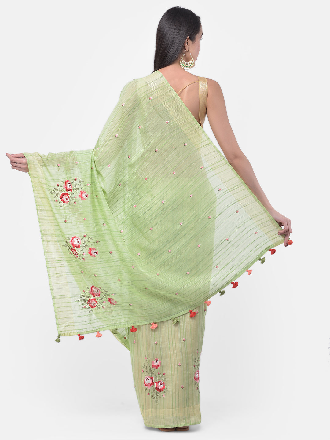 Neerus Green embroidered saree with blouse piece - back view