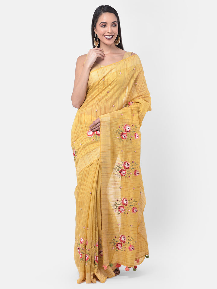 Neerus Yellow Embroidered Saree With Blouse
