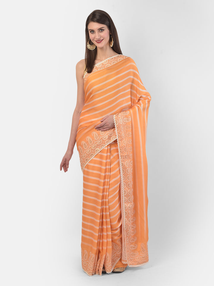 Neerus Yellow crepe solid saree - front view