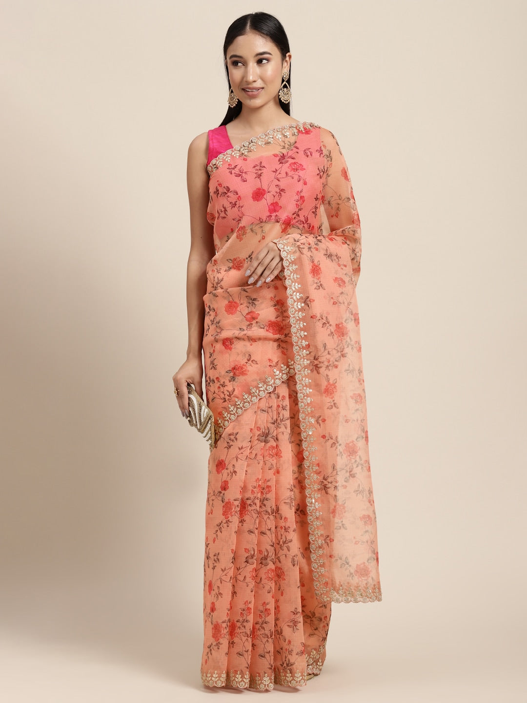 Neerus Orange organza saree - front view