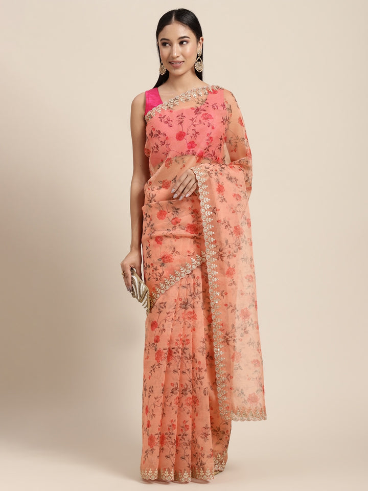 Neerus Orange organza saree - front view