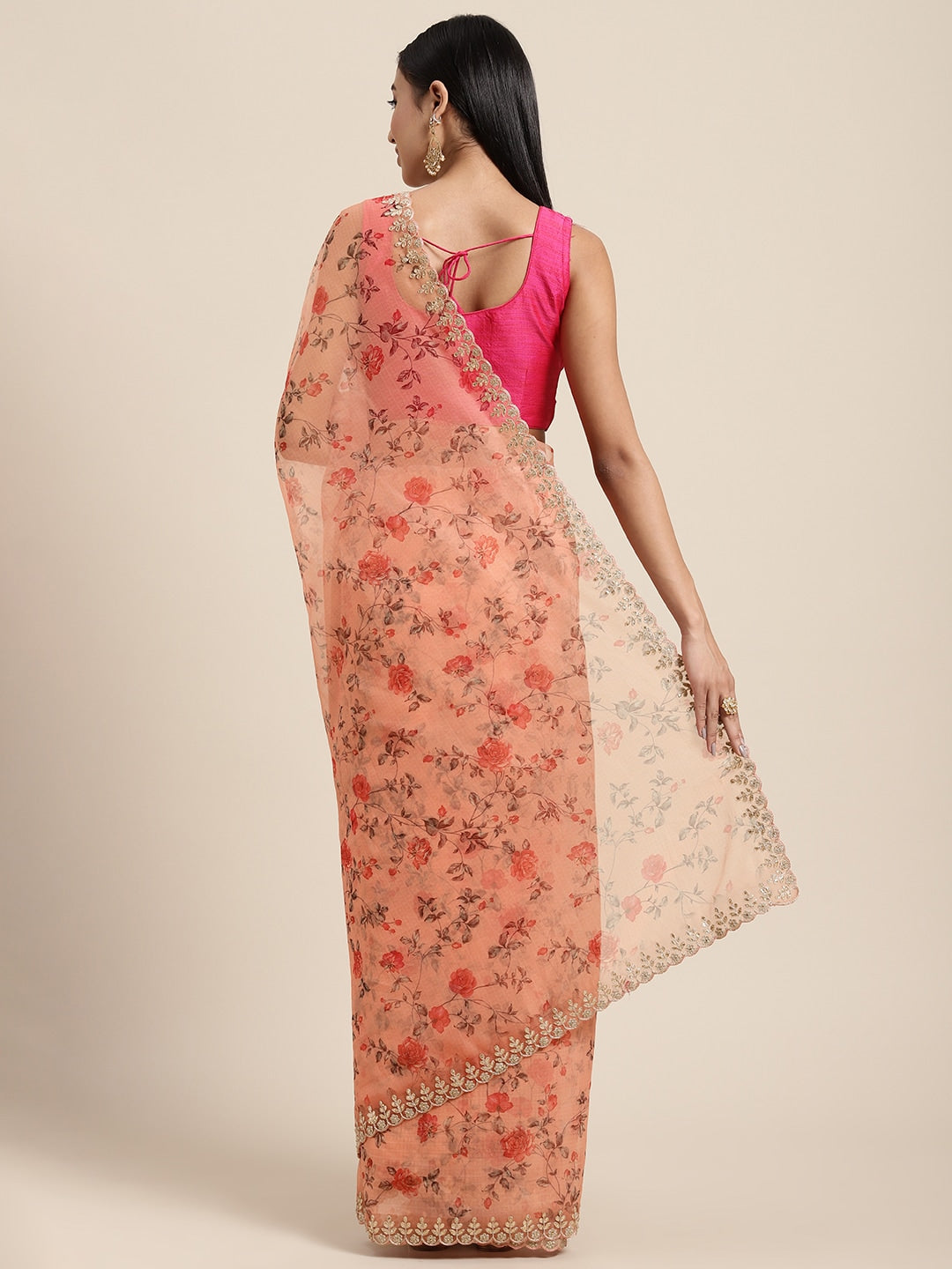 Neerus Orange organza saree - back view