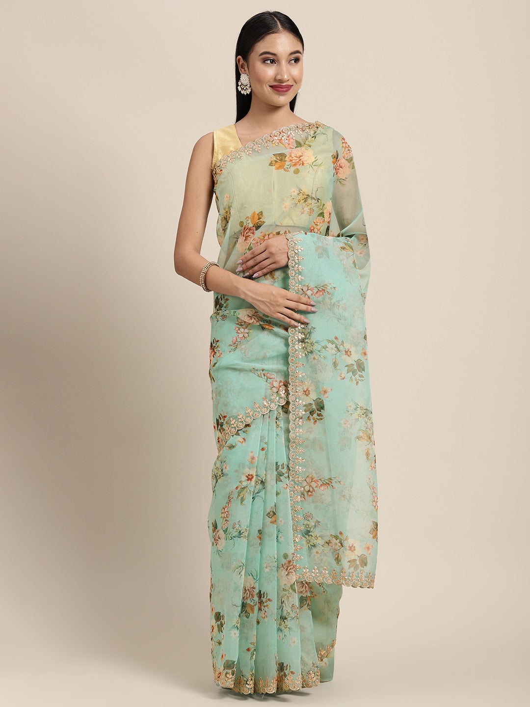 Neerus Green Organza Saree - front view