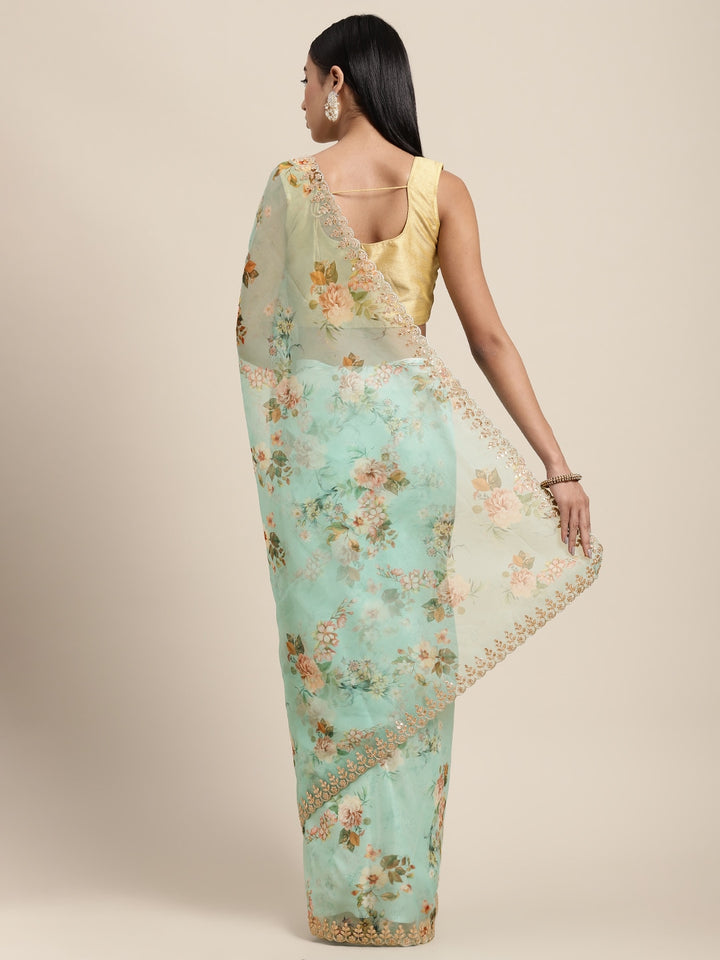 Neerus Green Organza Saree - back view