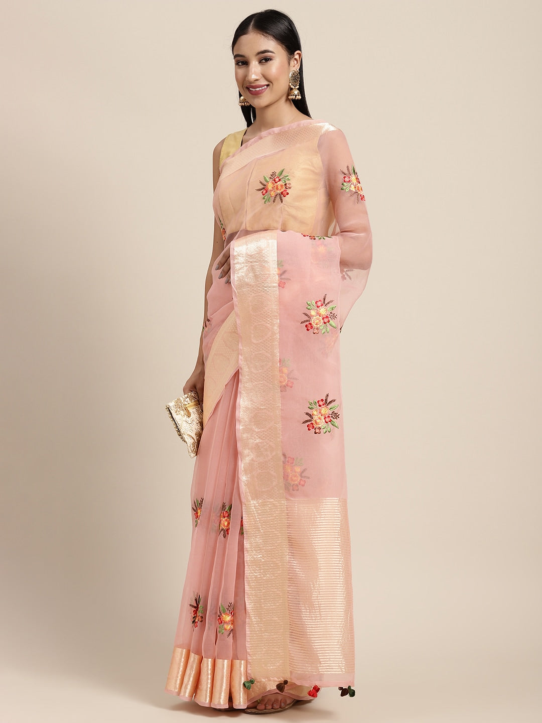 Neerus Pink organza embellished saree - front view