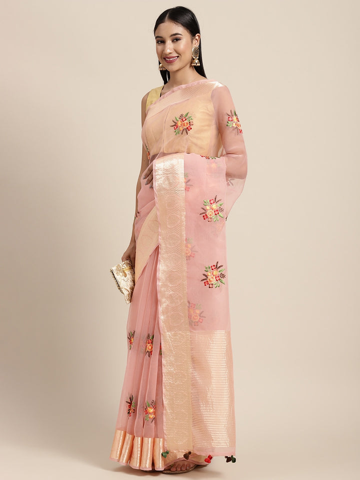 Neerus Pink organza embellished saree - front view