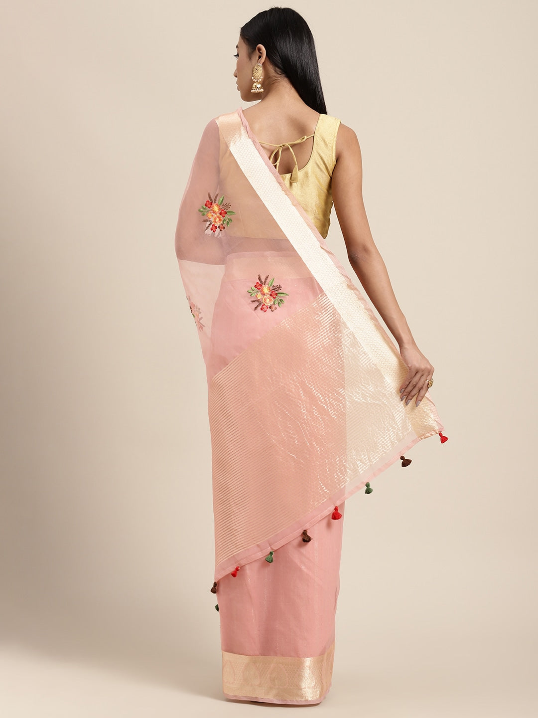 Neerus Pink organza embellished saree - back view