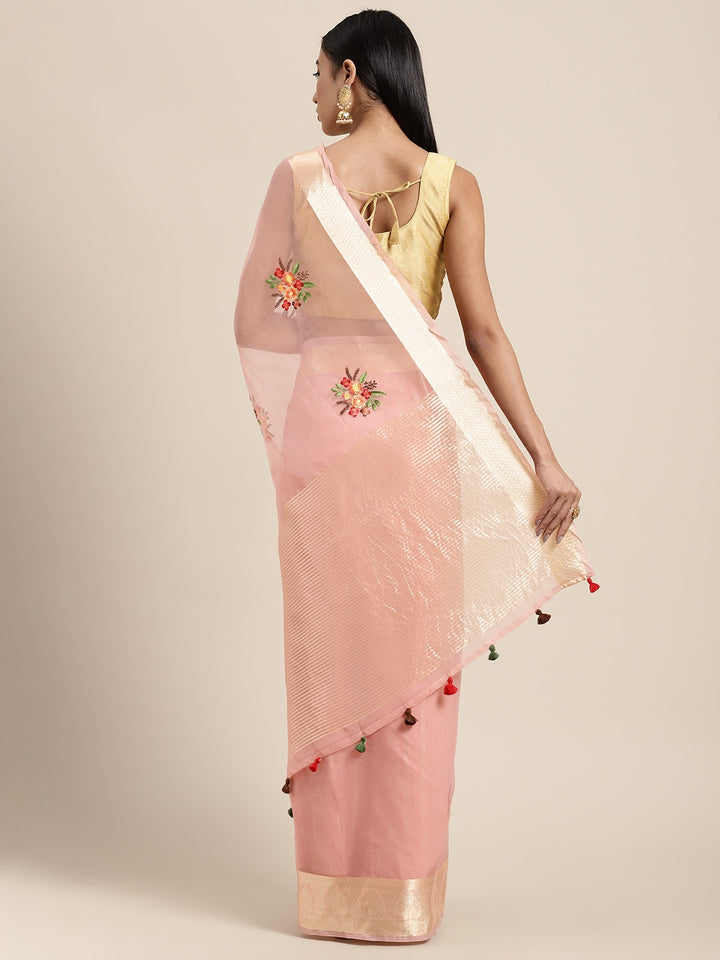 Neerus Pink organza embellished saree - back view