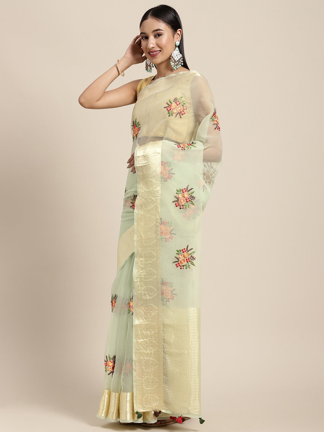 Neerus Green Organza Embellished Saree - front view