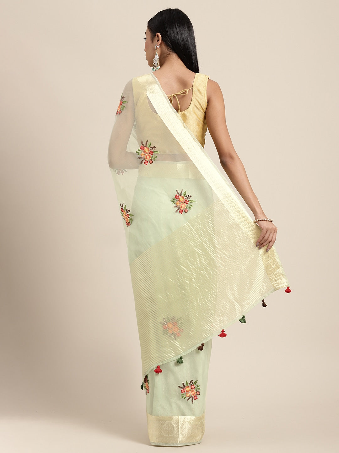 Neerus Green Organza Embellished Saree - back view