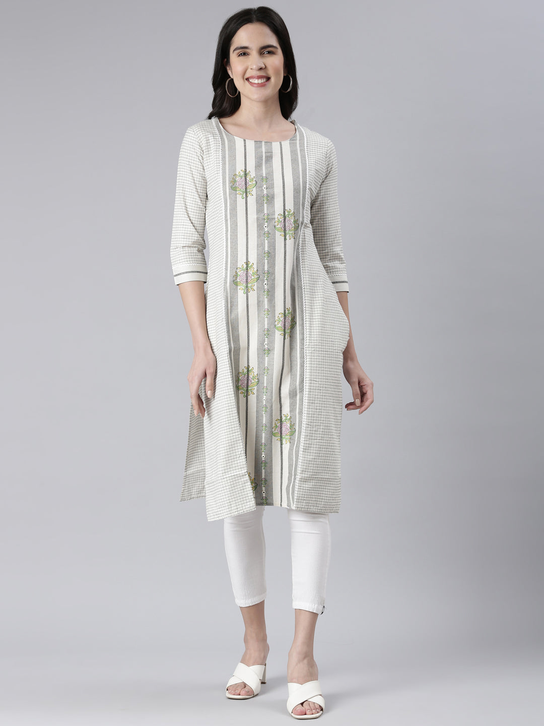 Neerus Off White Straight Printed Cotton Kurtas