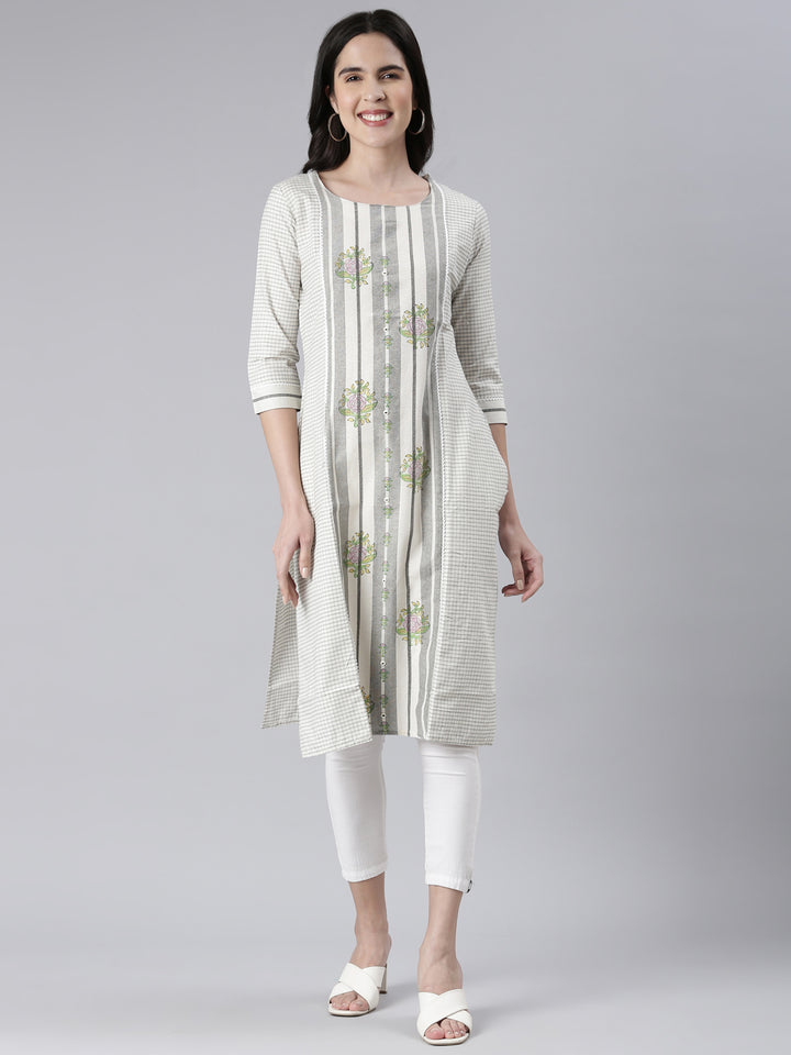Neerus Off White Straight Printed Cotton Kurtas