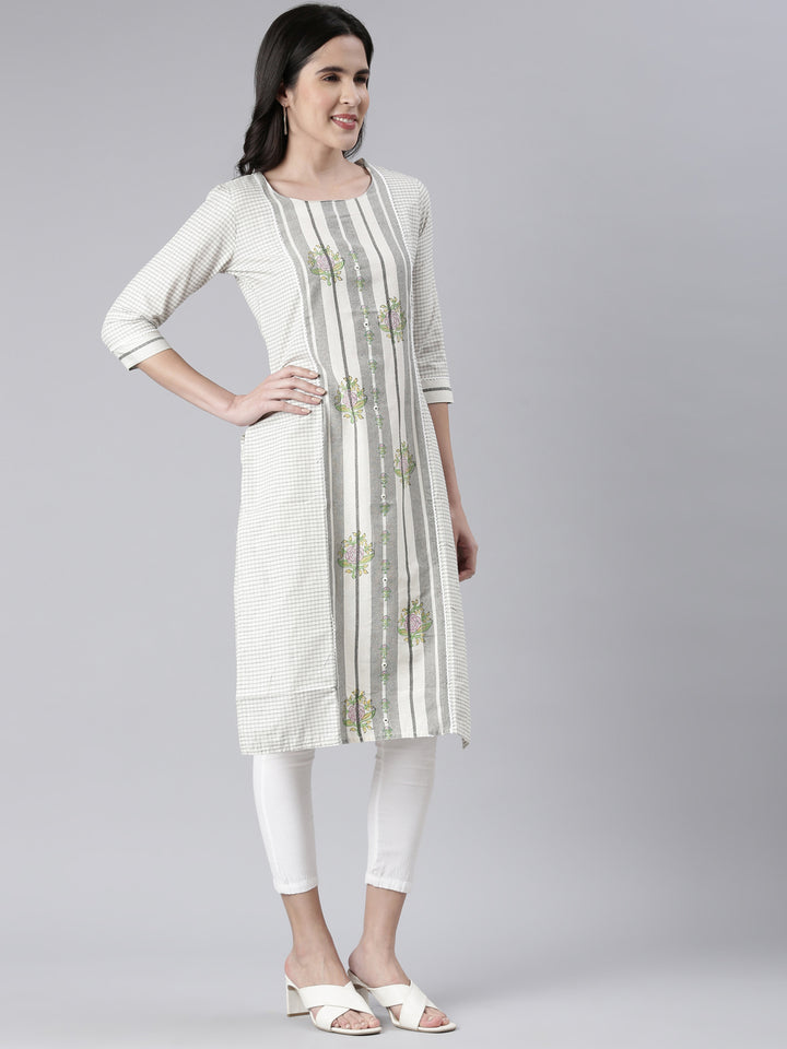 Neerus Off White Straight Printed Cotton Kurtas