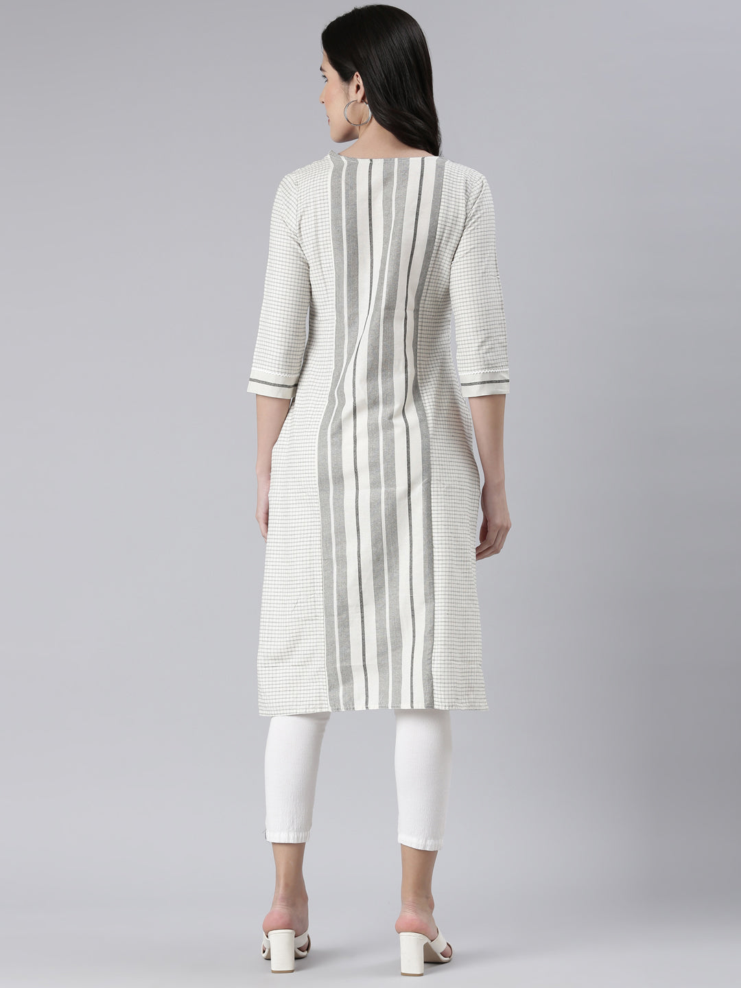 Neerus Off White Straight Printed Cotton Kurtas