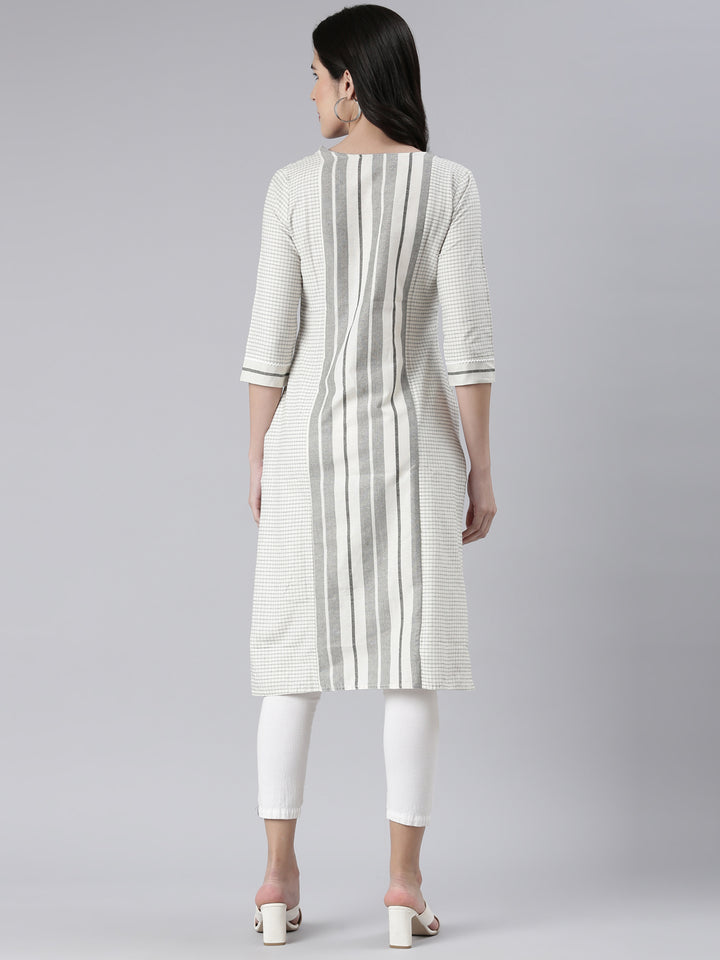 Neerus Off White Straight Printed Cotton Kurtas