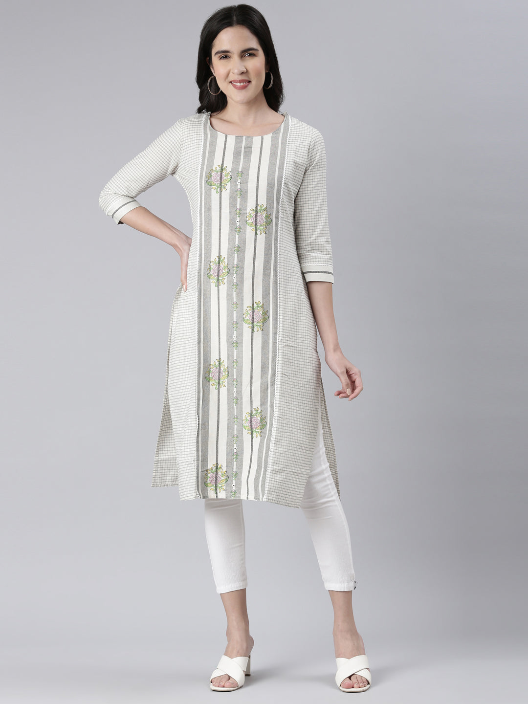 Neerus Off White Straight Printed Cotton Kurtas