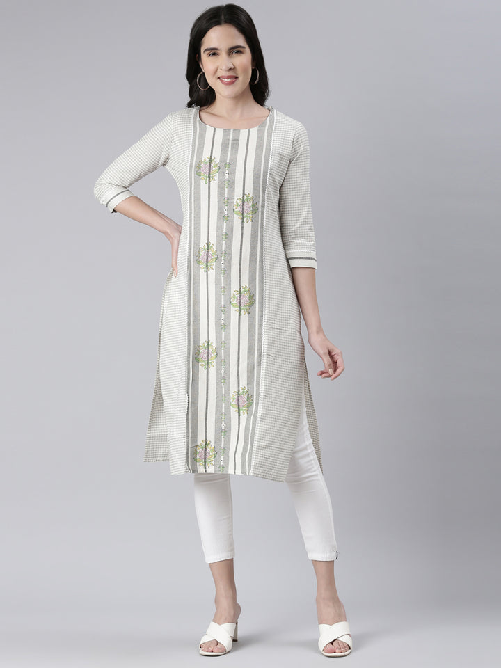 Neerus Off White Straight Printed Cotton Kurtas
