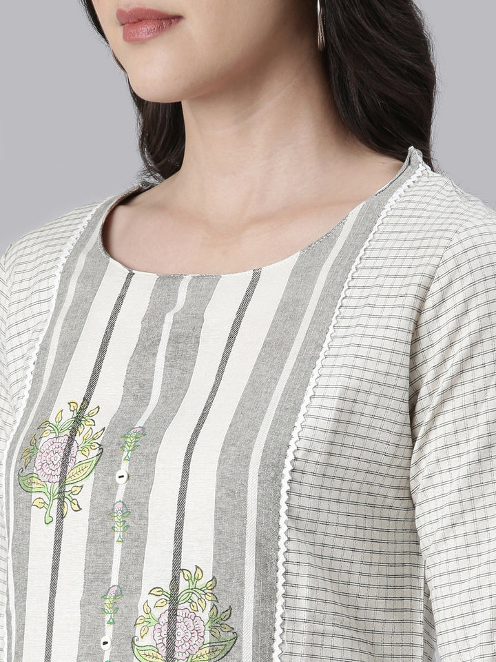 Neerus Off White Straight Printed Cotton Kurtas