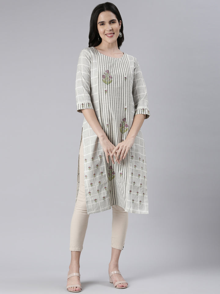 Neerus Off White Straight Printed Cotton Kurtas