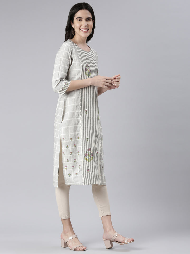 Neerus Off White Straight Printed Cotton Kurtas