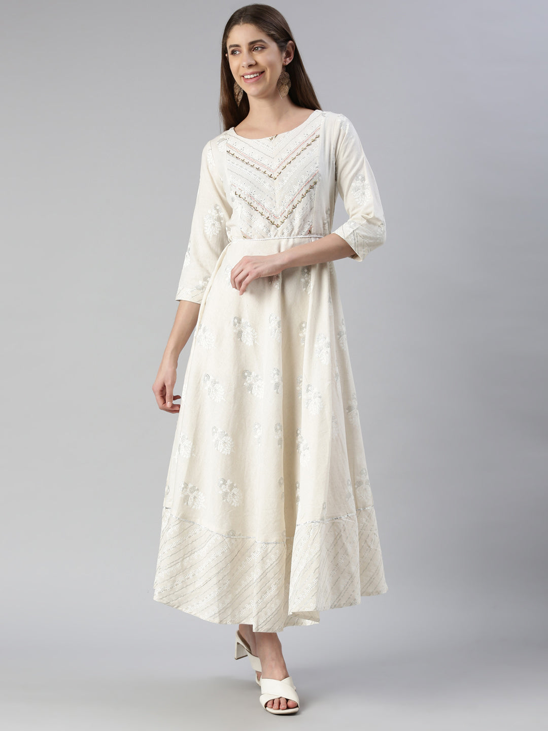 Neerus Cream Maxi Casual Printed Dresses
