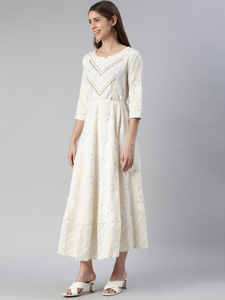Neerus Beige printed maxi dress - back view