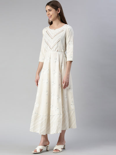 Neerus Cream Maxi Casual Printed Dresses