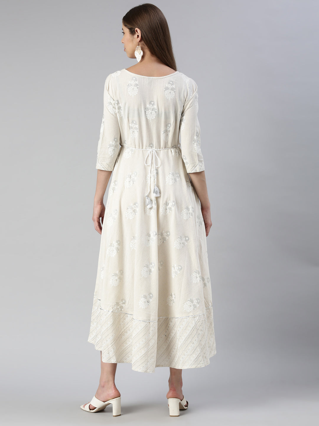 Neerus Cream Maxi Casual Printed Dresses