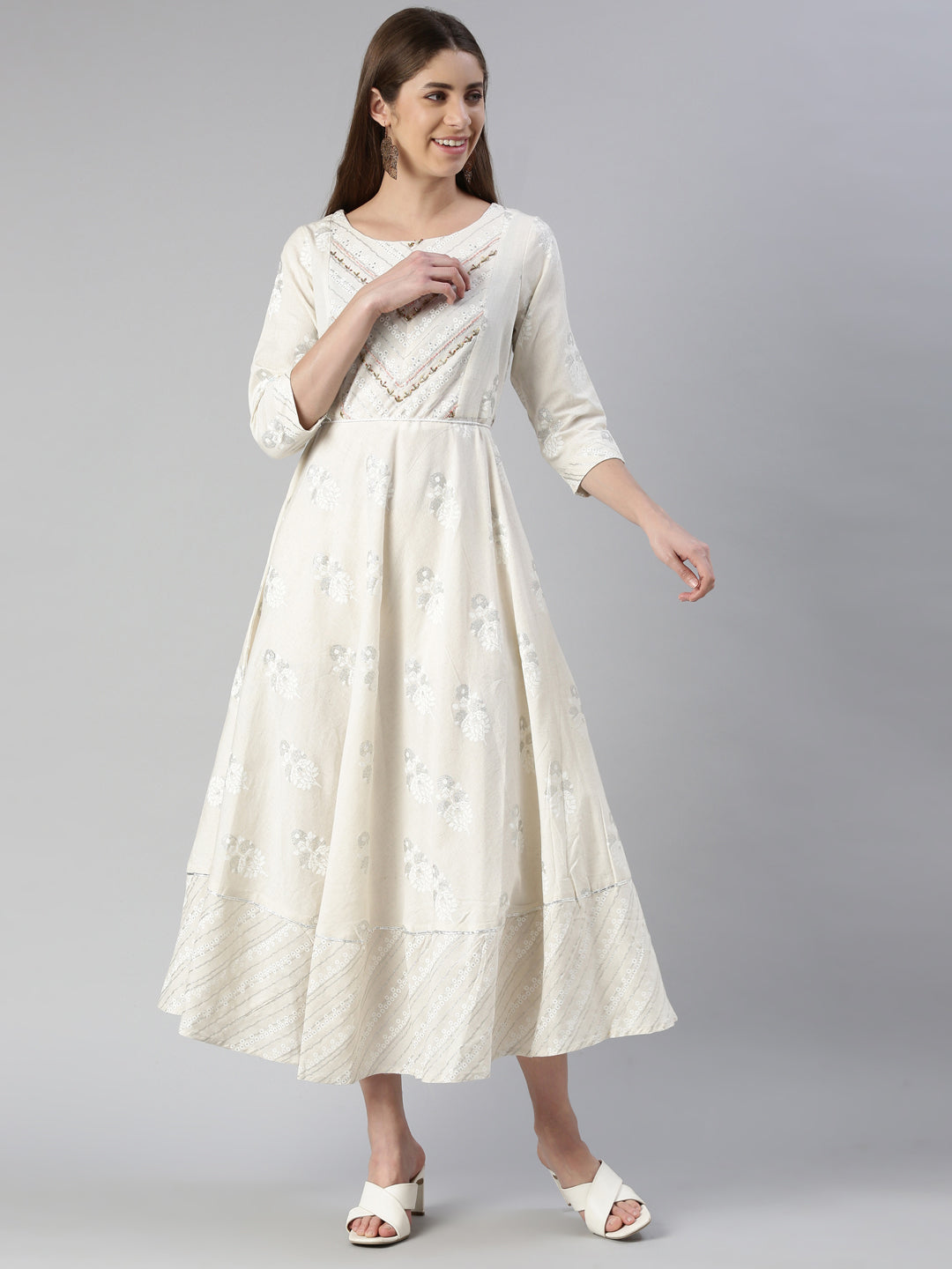 Neerus Cream Maxi Casual Printed Dresses
