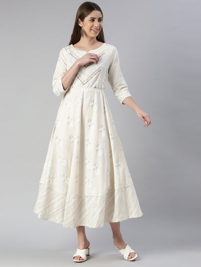Neerus Cream Maxi Casual Printed Dresses