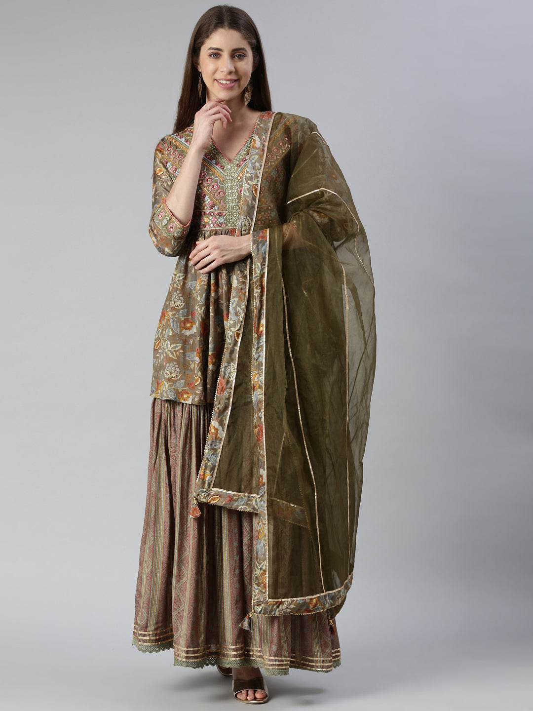 Neerus Green muslin embroidered kurta set with skirt and dupatta - front view