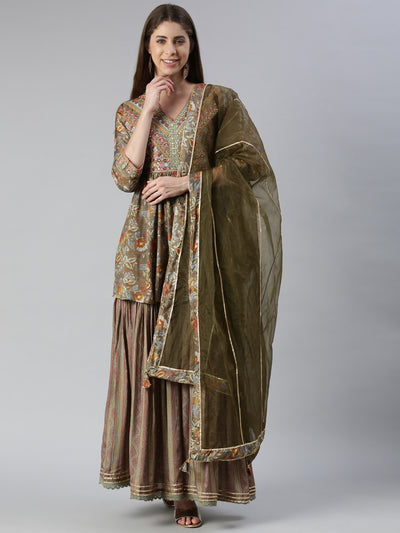 Neerus Women  Olive Yoke Design Above Knee Kurta And Skirt With Dupatta