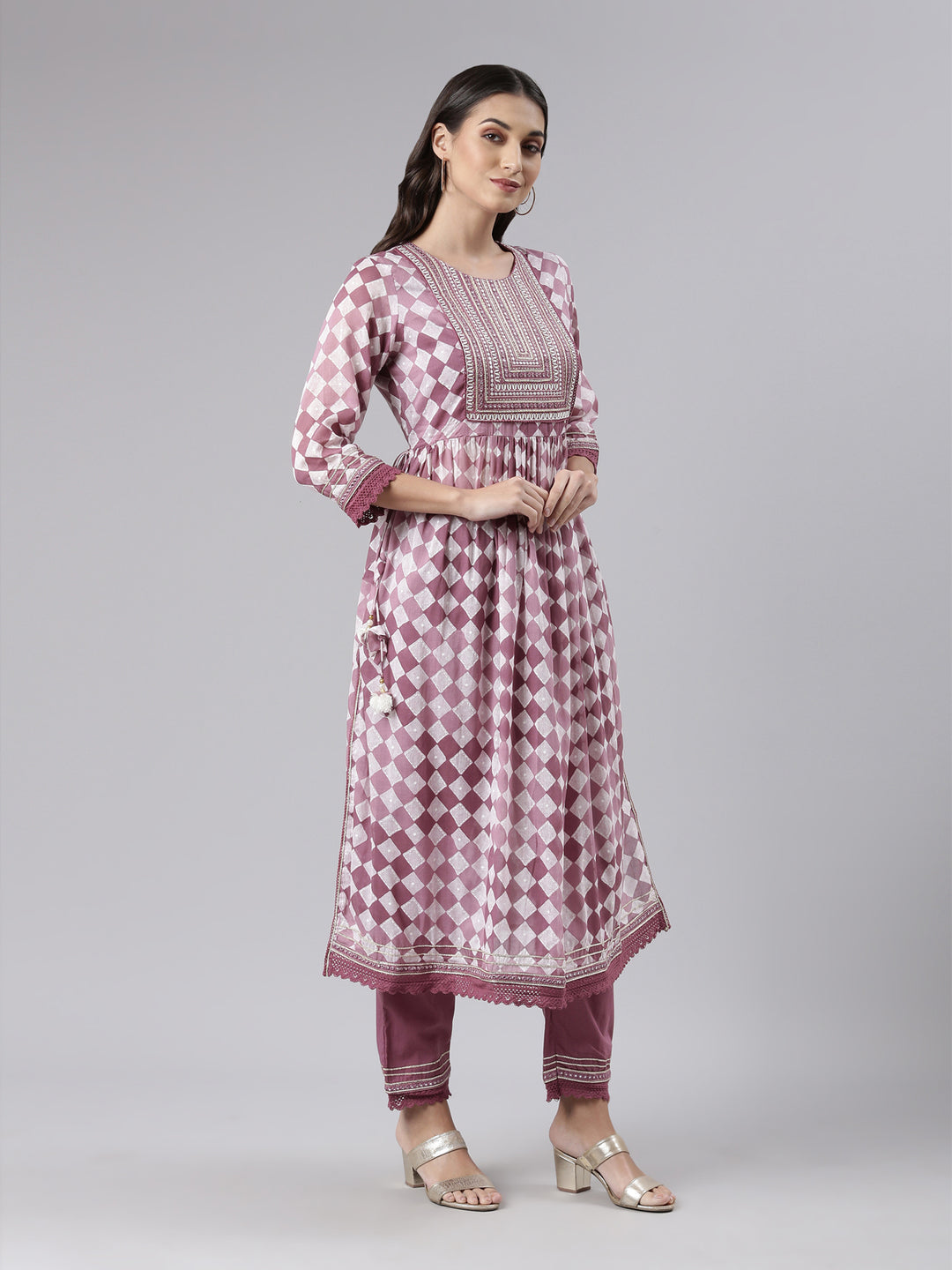 Neerus Purple Regular Calf Length Embroidered Kurta Solid Palazzos With Dupatta