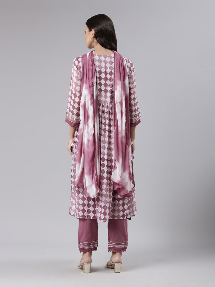 Neerus Purple Regular Calf Length Embroidered Kurta Solid Palazzos With Dupatta