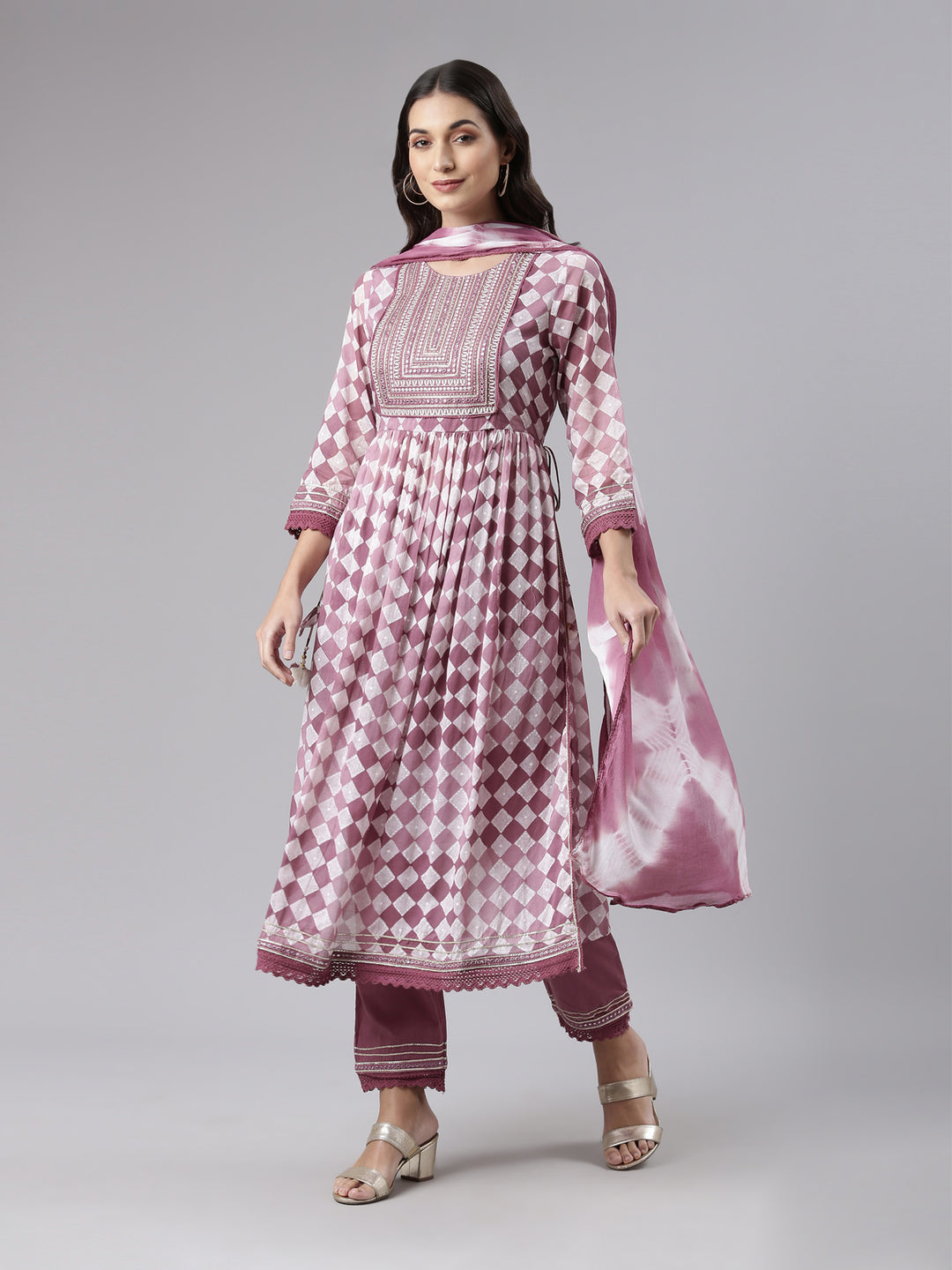 Neerus Purple Regular Calf Length Embroidered Kurta Solid Palazzos With Dupatta