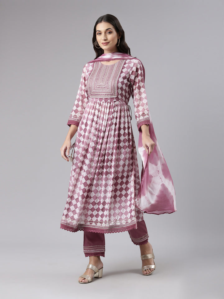 Neerus Purple Regular Calf Length Embroidered Kurta Solid Palazzos With Dupatta