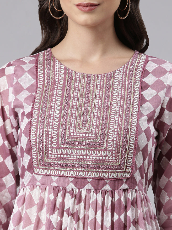 Neerus Purple Regular Calf Length Embroidered Kurta Solid Palazzos With Dupatta