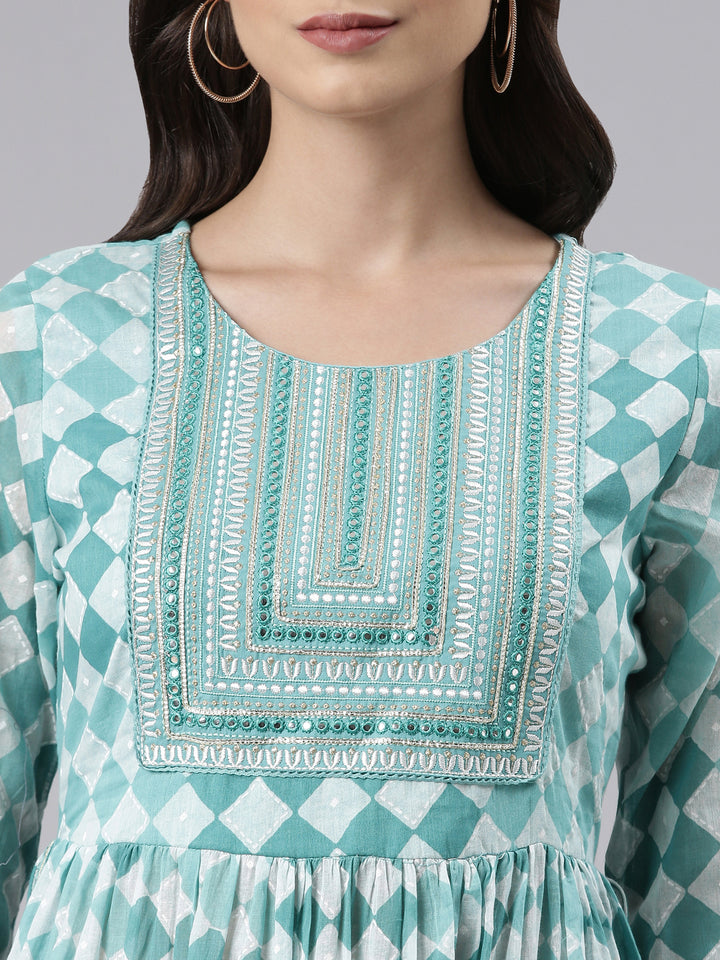 Neerus Sea Green Regular Calf Length Embroidered Kurta Solid Palazzos With Dupatta